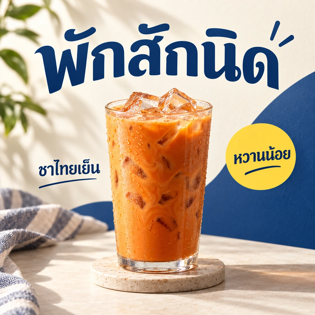 โปสเตอร์ชาไทยเย็นพร้อมข้อความ พักสักนิด ชาไทยเย็น และหวานน้อย โทนน้ำเงิน ขาว เหลือง