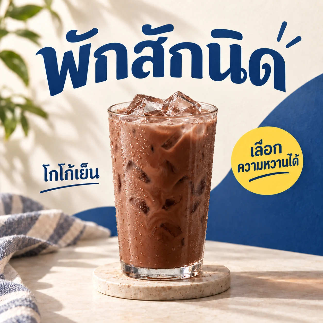 โปสเตอร์โกโก้เย็นในรูปแบบเดียวกับชาไทย มีข้อความ พักสักนิด และเลือกความหวานได้